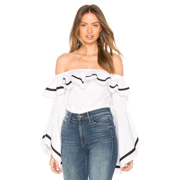 Rebecca Minkoff Ruffle Overlay Feri Top Off The Shoulder Bright White Black XS - Picture 1 of 13